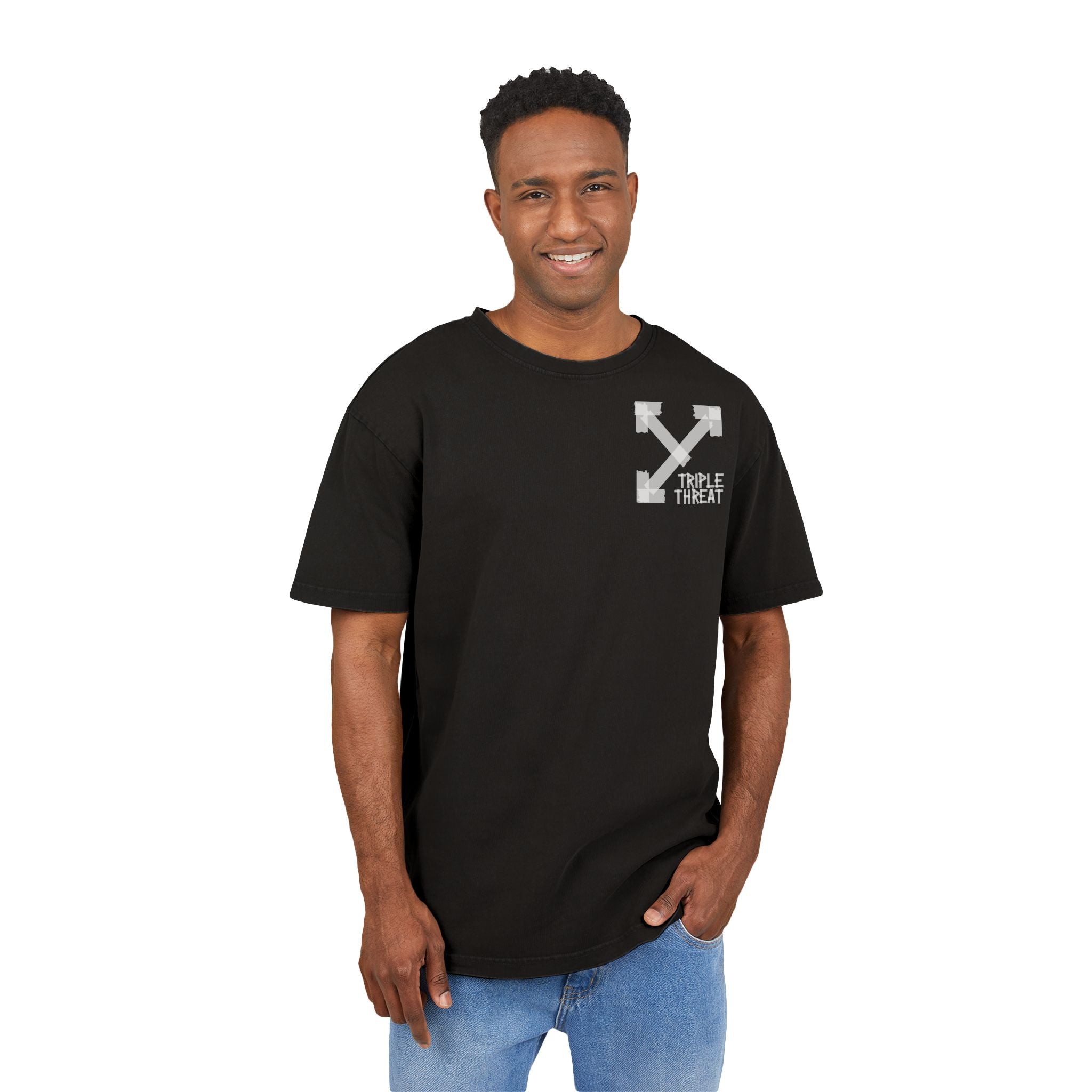 Men's Acid Washed Oversized Tee with Triple Threat Design | Vintage Style Graphic T-Shirt, Streetwear, Casual Wear, Gift for Him