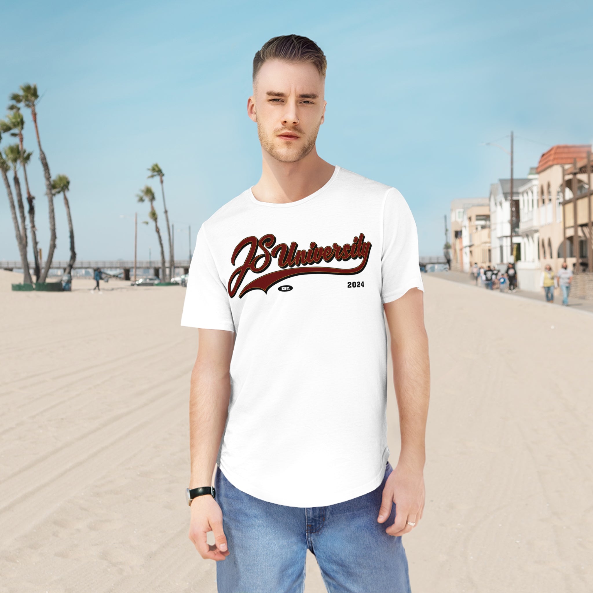 Men's Curved Hem Tee, Casual Men's Shirt, JSUniversity Apparel, Trendy Graphic Tee, Summer Fashion Top, College Style Clothes
